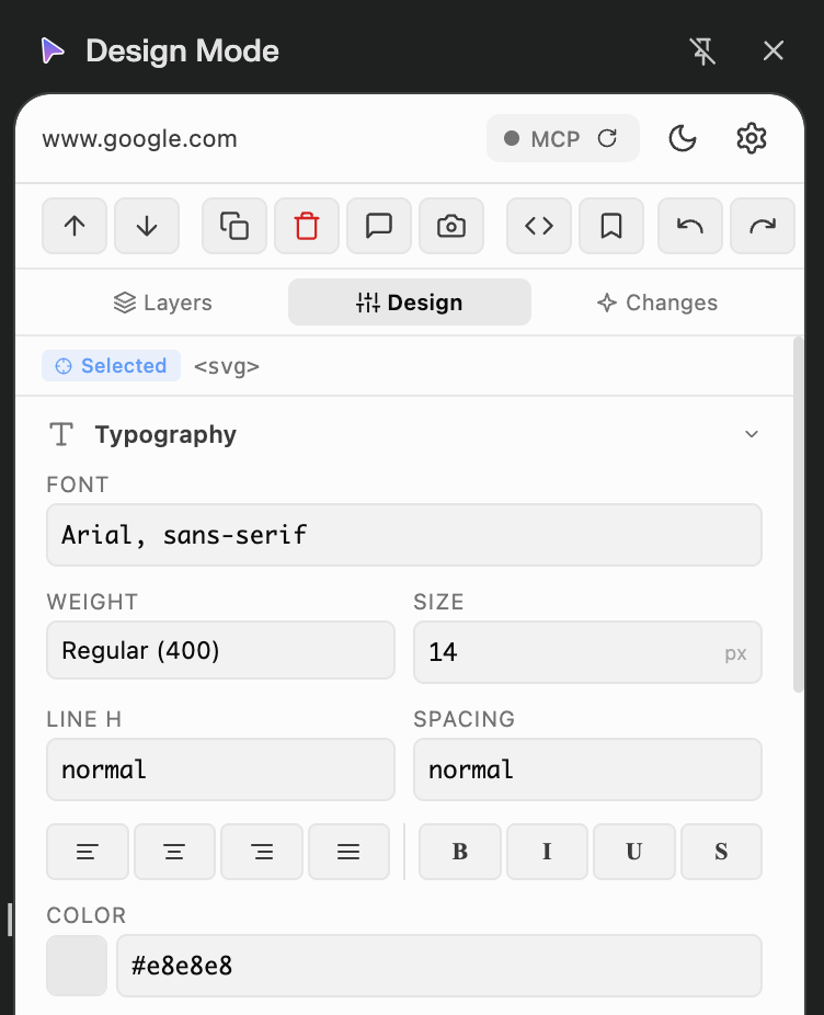 Design Mode side panel running on a live website