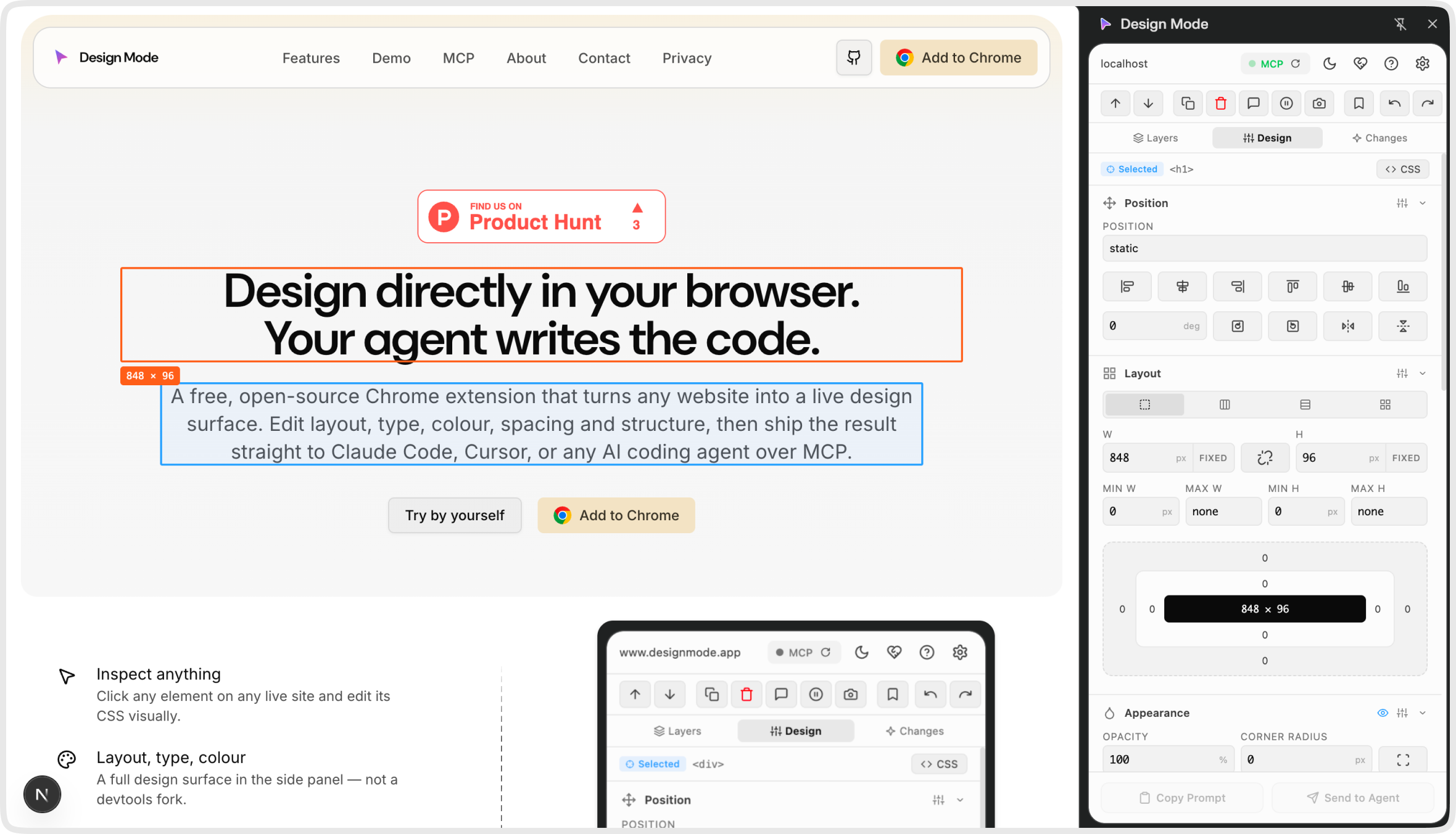Design Mode in action — the live website with the side panel attached